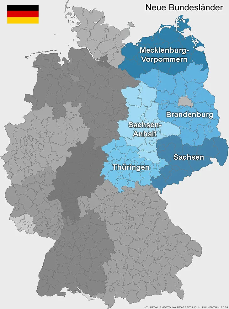 Die Bundesländer von Ostdeutschland (Neue Länder) auf der Karte